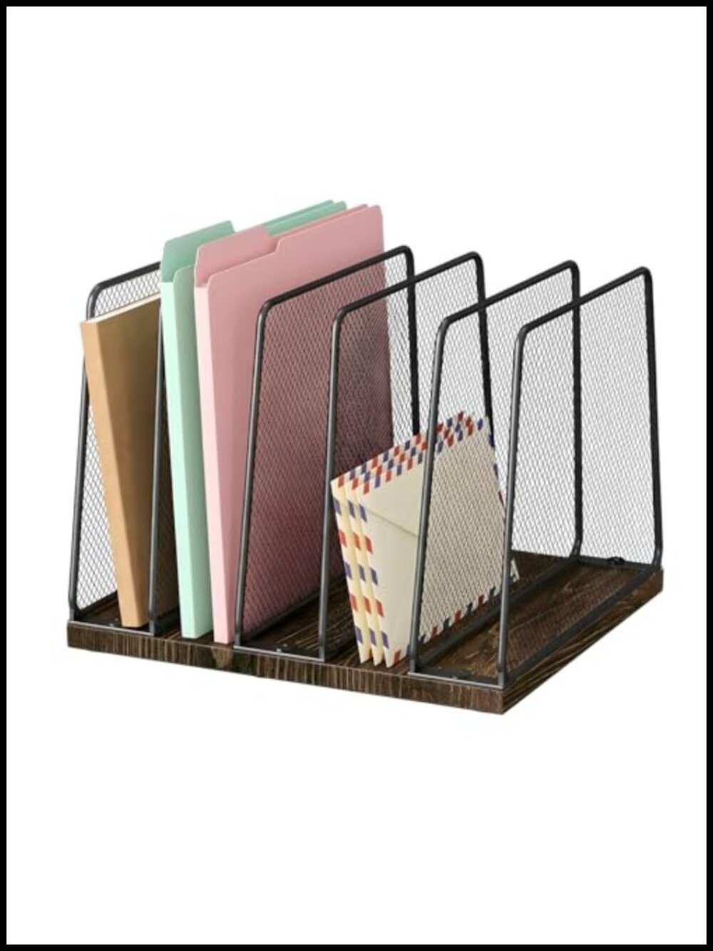 5 Section Mesh Metal Wood Desk File Organizer Upright Sorter Office Home